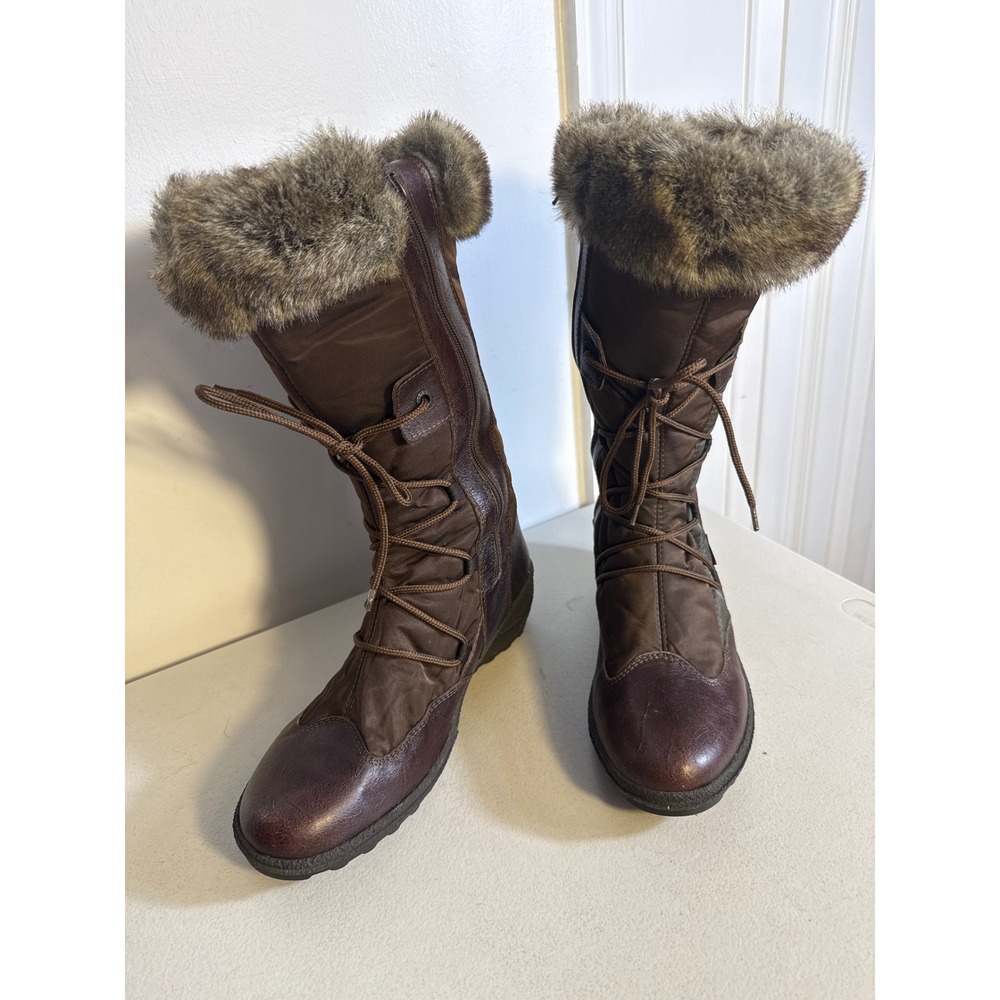 Santana Canada Womens Brown Leather Nylon Faux Fur Lace Up Winter Boots. Sz 10